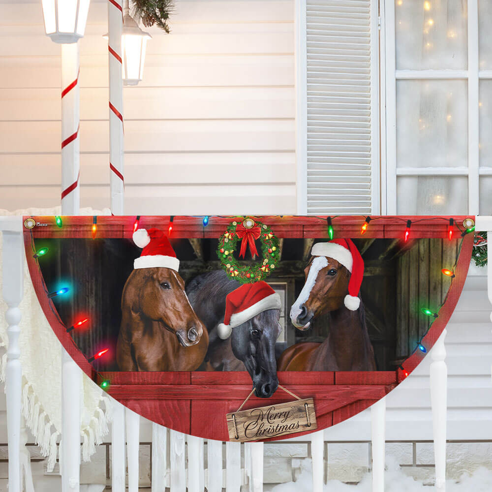 Merry Christmas Horses Farm Non Pleated Fan Flag Perfect Holiday Gift For Farm