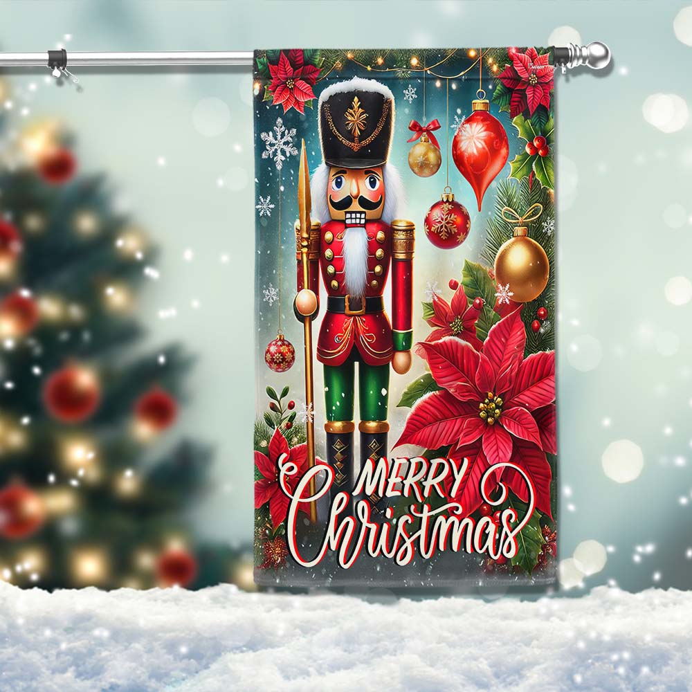 Merry Christmas Nutcracker Poinsettia Flag