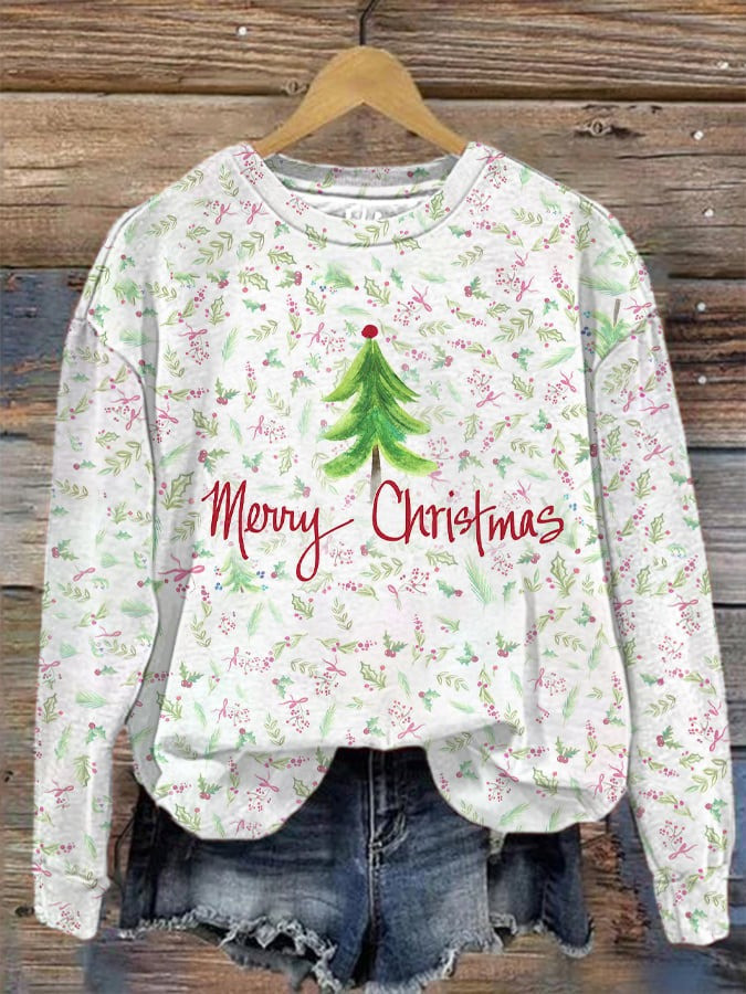 Merry Christmas Pine Tree Sweatshirt Festive Holiday Cozy Winter Clothes Gifts For Christmas