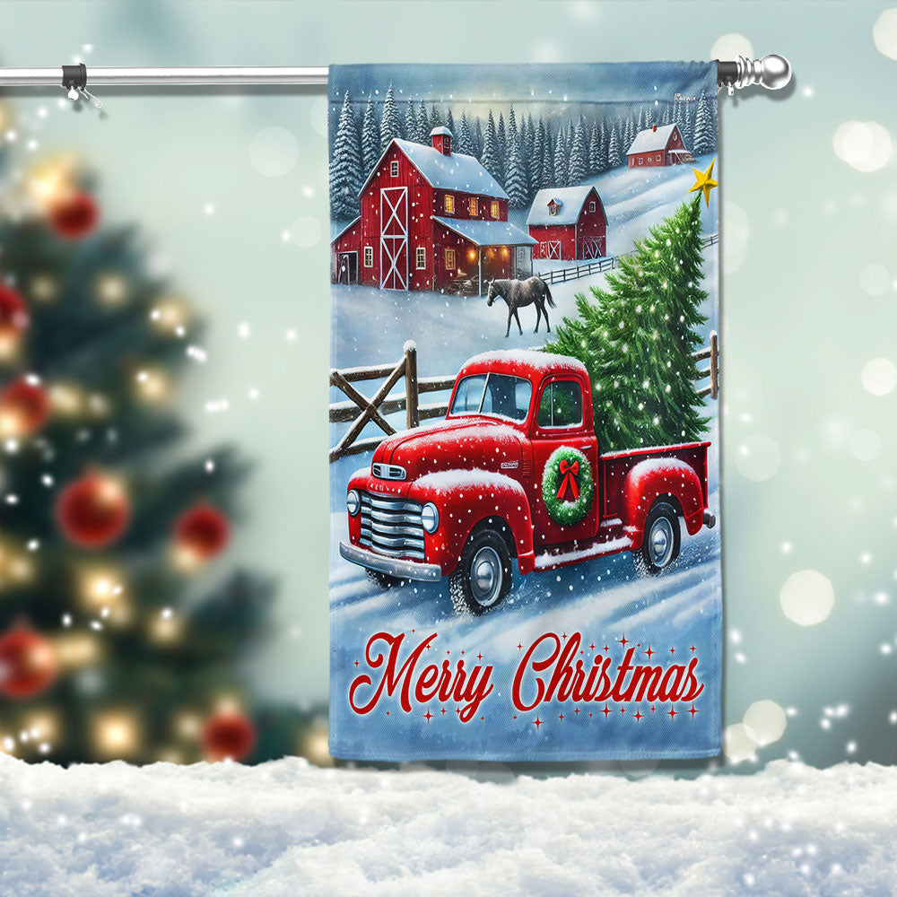 Merry Christmas Red Pickup Truck Farm House Flag