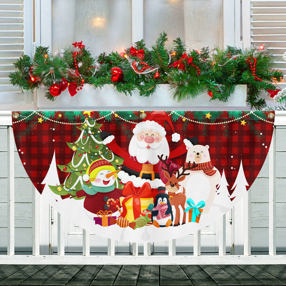 Merry Christmas Santa Claus Snowman And Reindeer Non Pleated Fan Flag