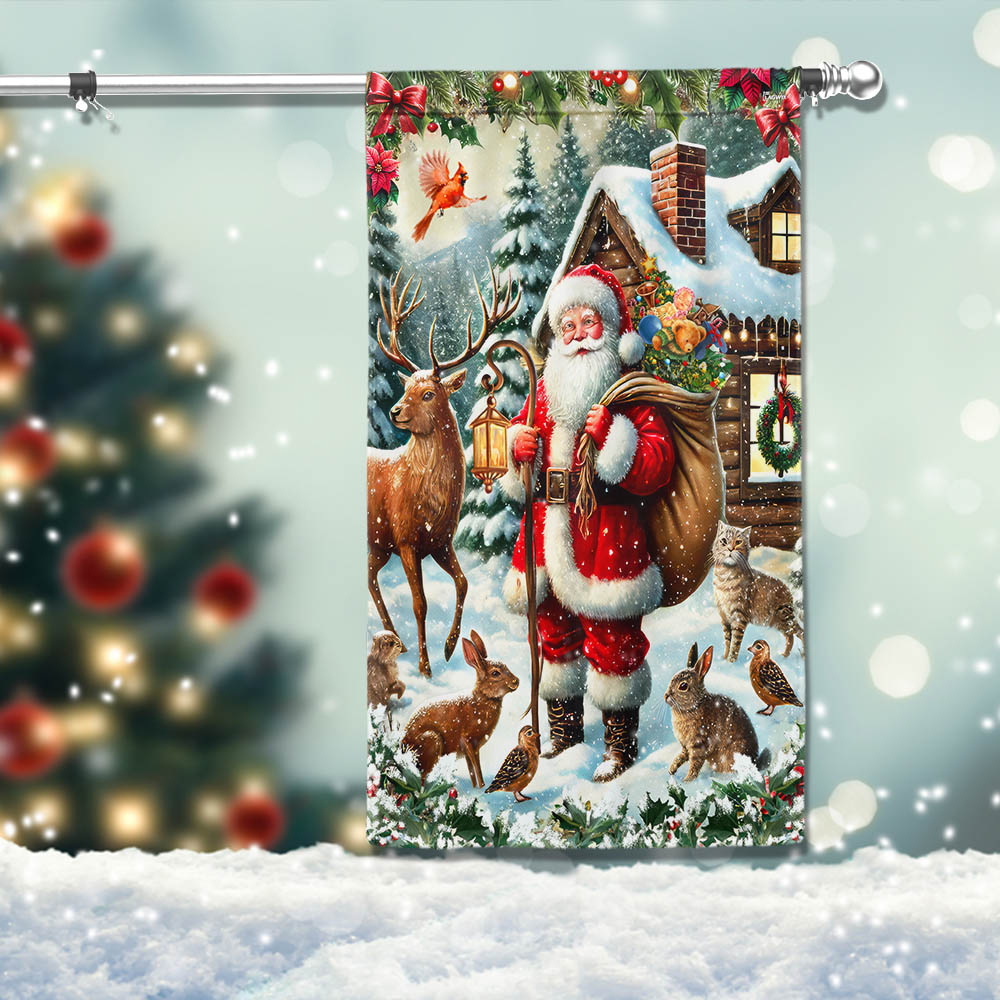 Merry Christmas Santa Claus With Gifts Sack And Animals Winter Holiday Flag