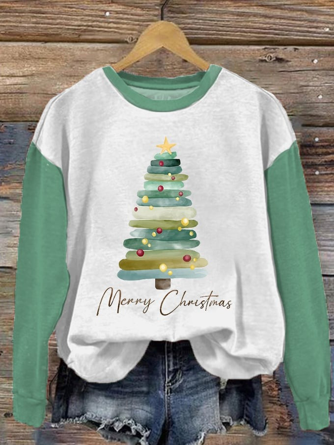 Merry Christmas Sweatshirt Watercolor Pine Tree Festival Christmas Clothes Present Ideas