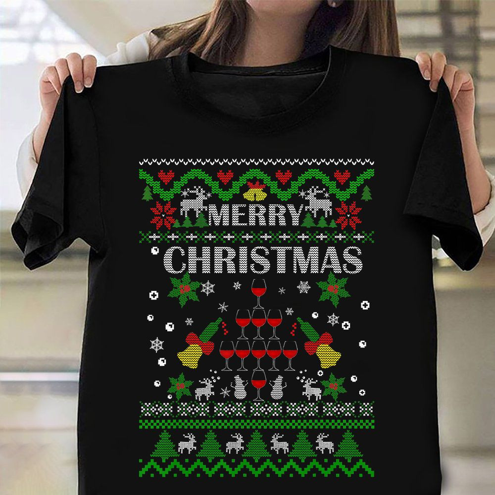 Merry Christmas T-Shirt Cool Ugly Christmas Sweater Womens Wine Shirts Hot Xmas Gifts 2024