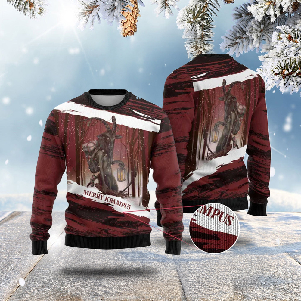 Merry Christmas Ugly Christmas Sweater Krampus in The Woods