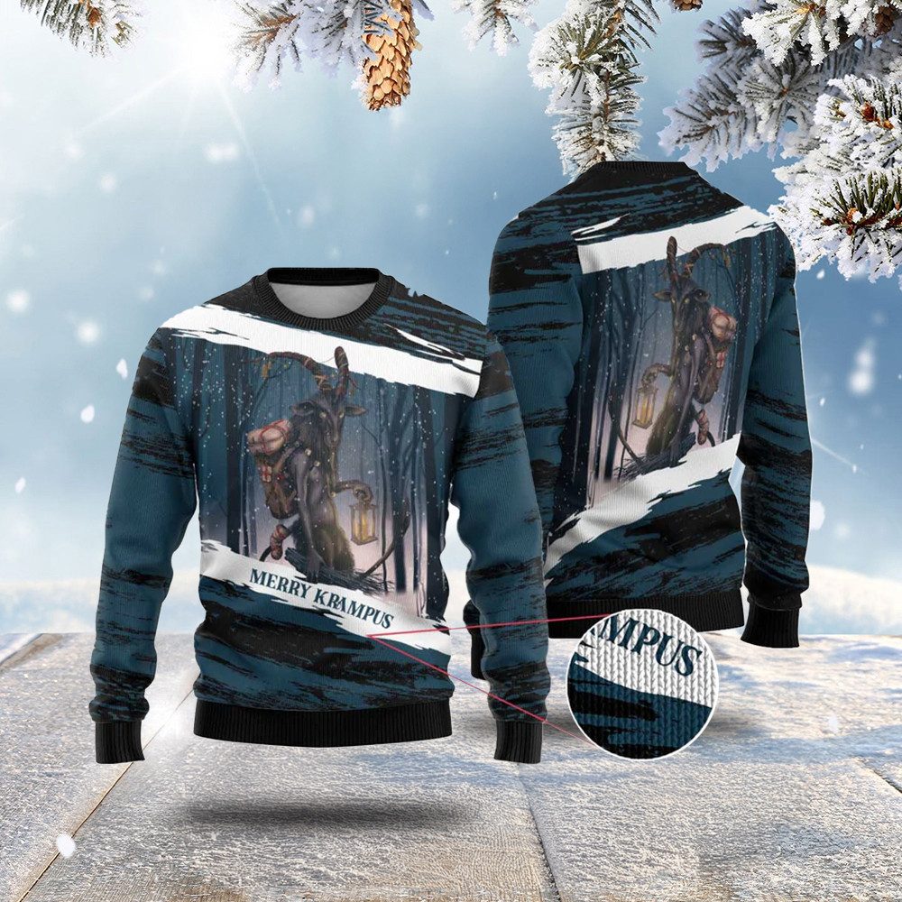 Merry Christmas Ugly Christmas Sweater Krampus in The Woods - Dark Teal