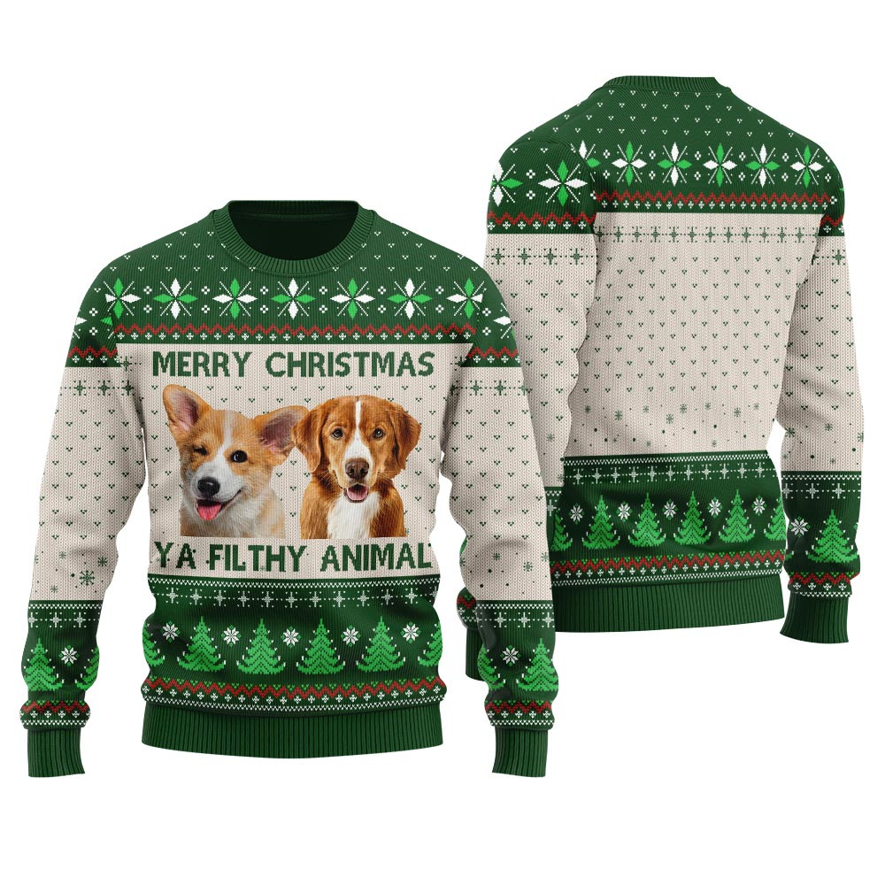 Merry Christmas Ya Filthy Animal Custom Dog Christmas Sweater Forest Green Best Christmas Sweaters