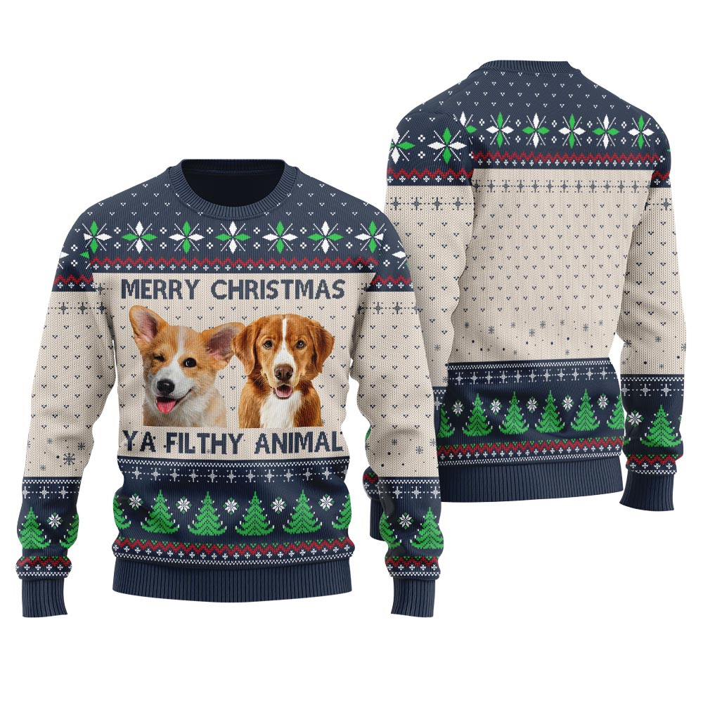 Merry Christmas Ya Filthy Animal Custom Dog Christmas Sweater Navy Family Gifts For Christmas