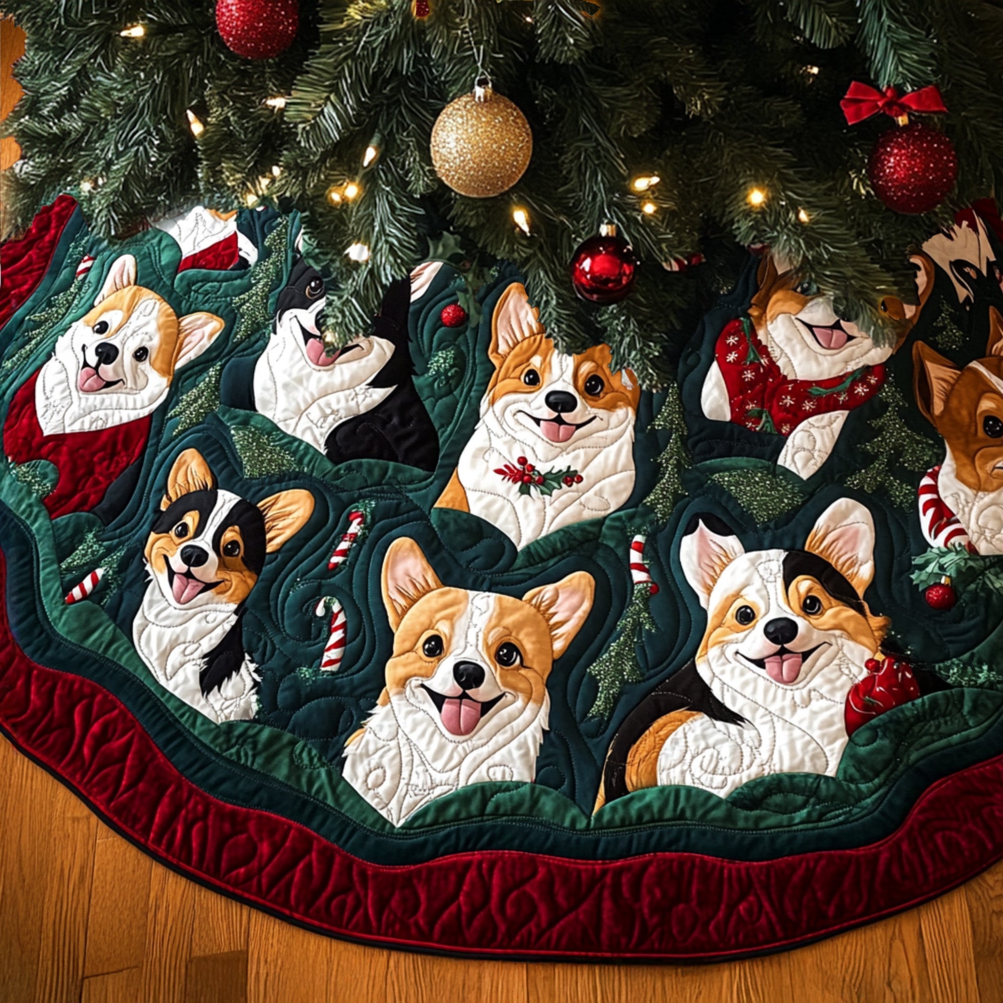 Merry Corgi Glow Quilted Christmas Tree Skirt Family Holiday Gathering Decor