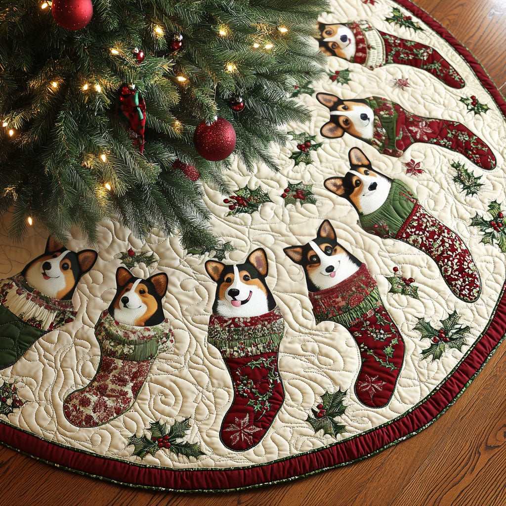 Merry Corgi Magic Quilted Christmas Tree Skirt Heartwarming Christmas Tree Skirt Gift for Loved Ones