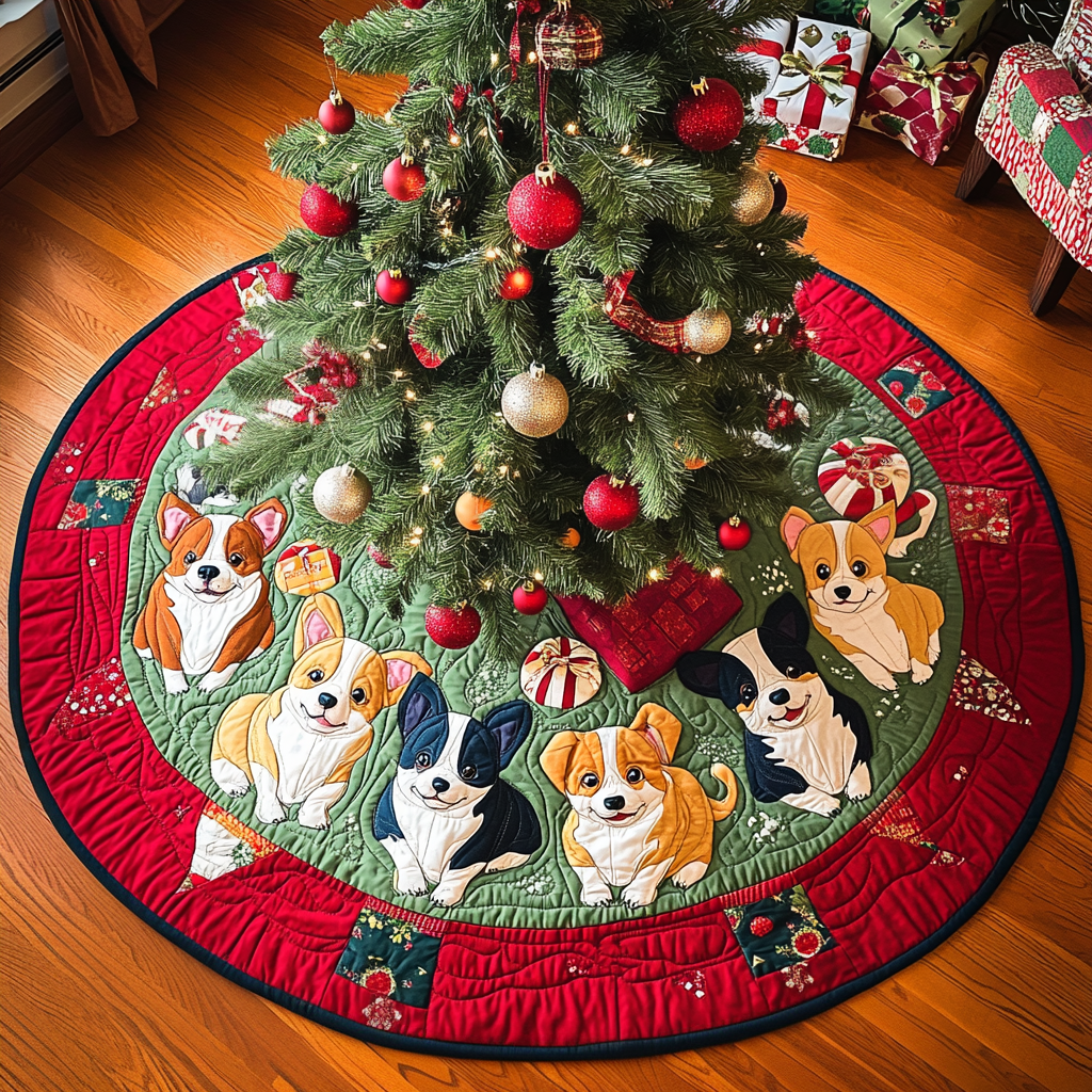 Merry Corgi Wonderland Chritstmas Quilted Tree Skirt Beautiful Tree Skirt to Complete Your Christmas Look