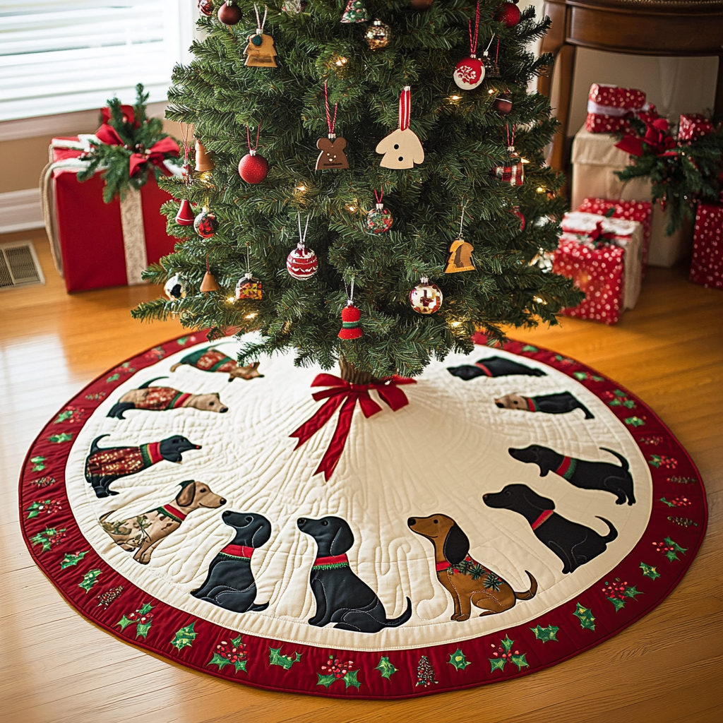 Merry Dachshund Dreams Chritstmas Quilted Tree Skirt Warm and Soft Christmas Tree Skirt for Winter