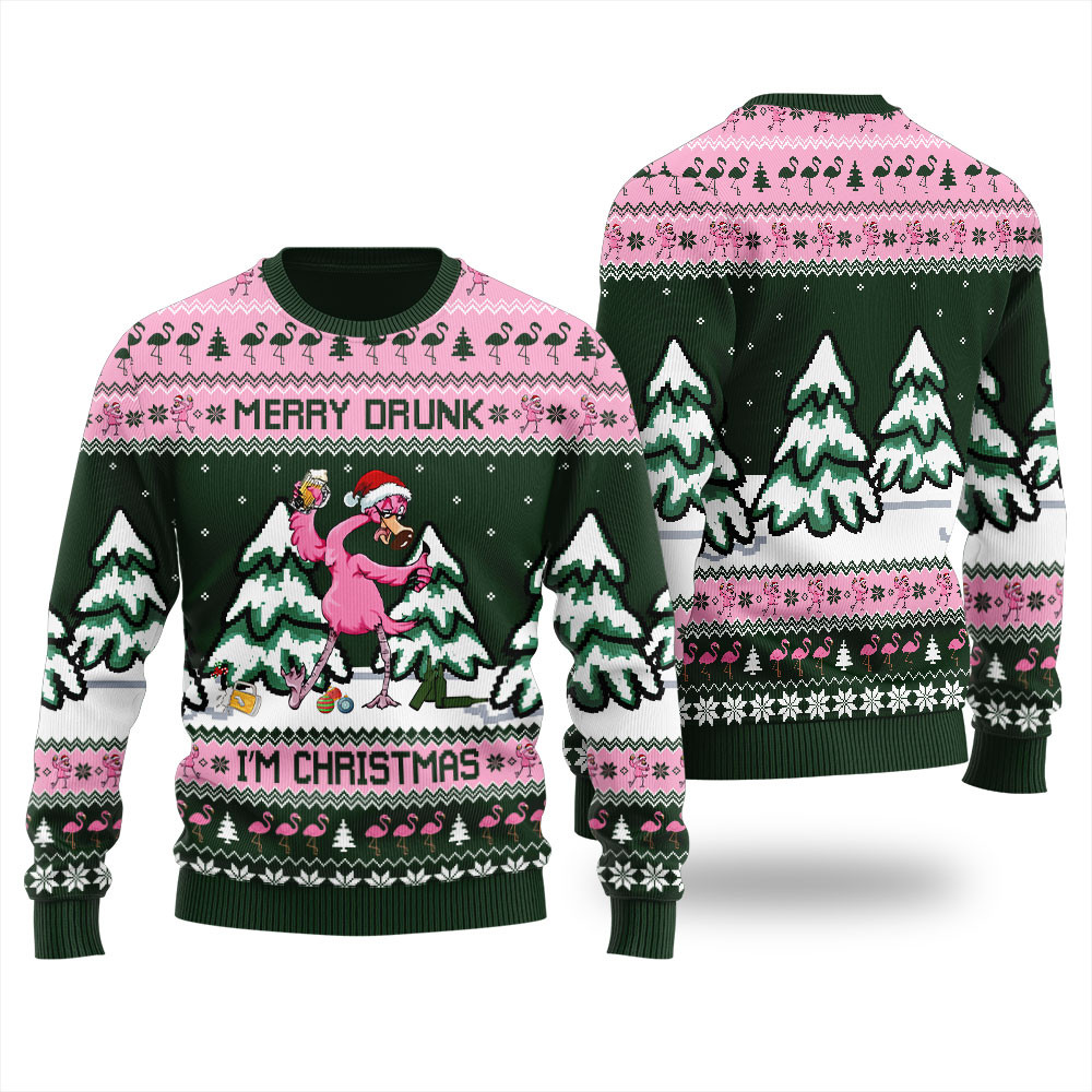 Merry Drunk Im Christmas Flamingo Ugly Sweater Stylish Winter Sweatshirt for Everyday Wear