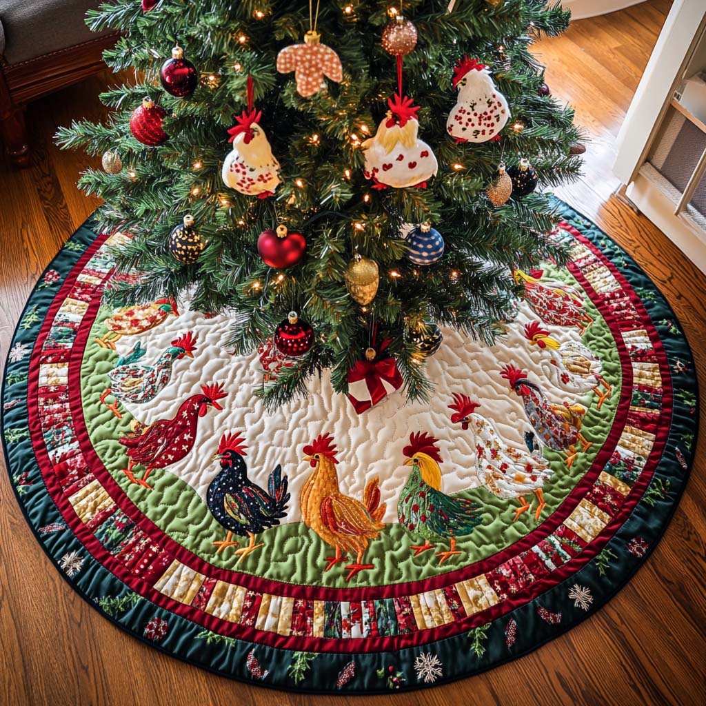 Merry Feathered Friends Christmas Quilted Tree Skirt Winter Holiday Decor