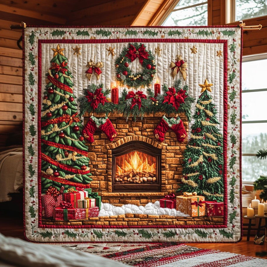 Merry Fireplace Quilt Premium Quilt Blanket for Family and Guests