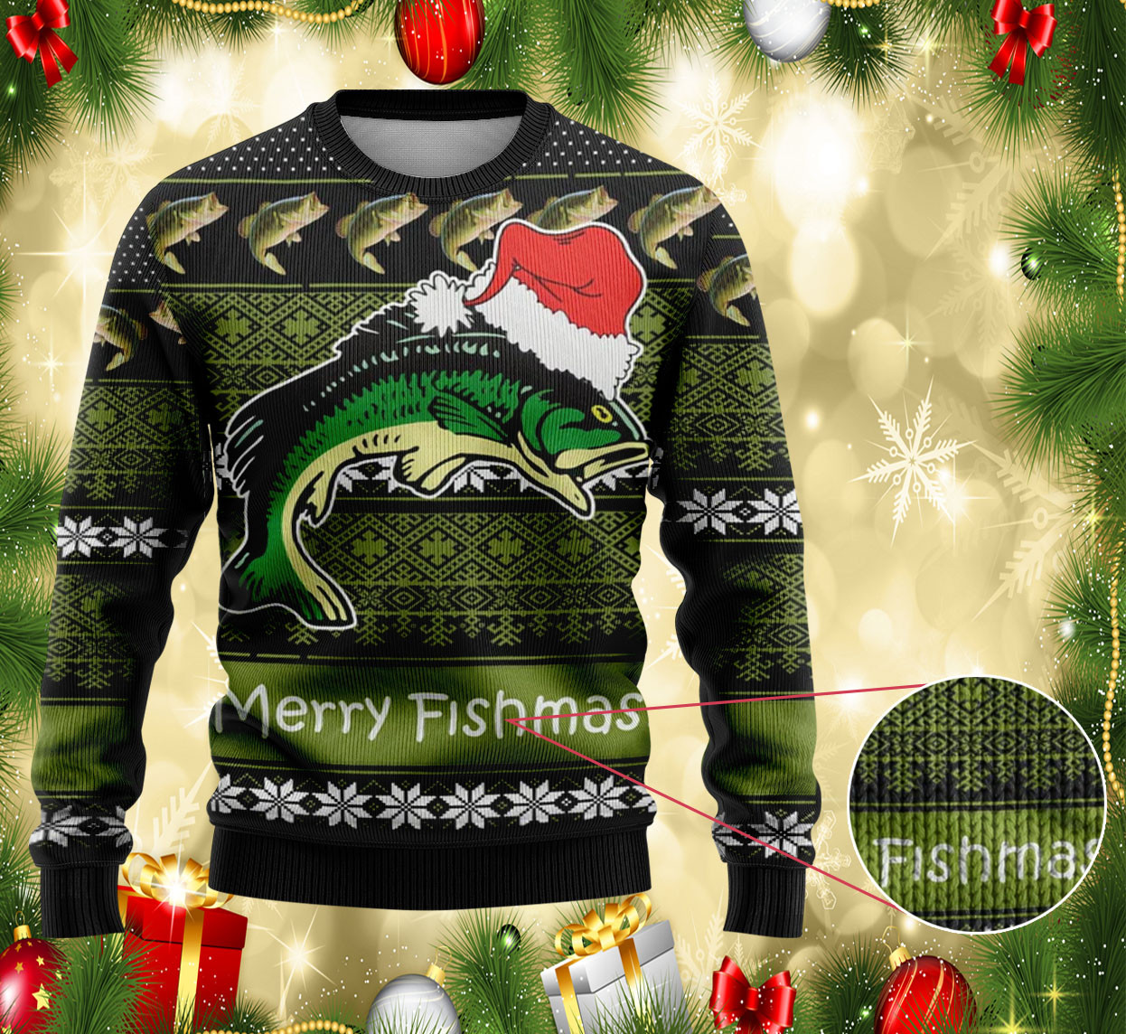 Merry Fishmas Christmas Ugly Sweater Funny Holiday Sweater for Fishing Fans