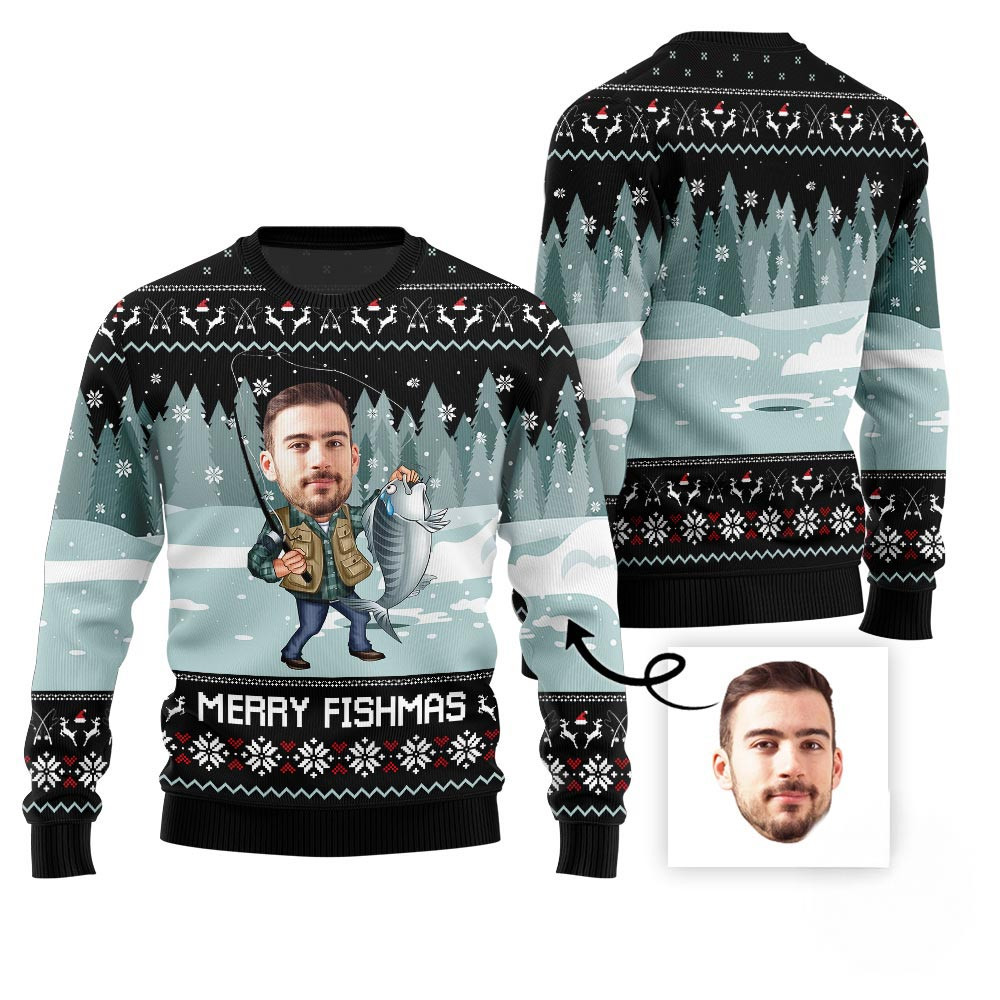 Merry Fishmas Custom Face Ugly Xmas Sweater Cute Sweaters For Christmas