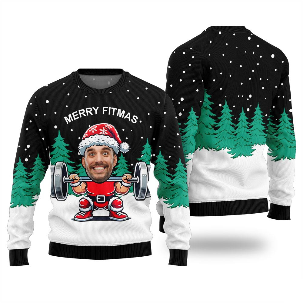 Merry Fitmas Custom Face Funny Santa Christmas Sweater Men Ugly Christmas Gifts