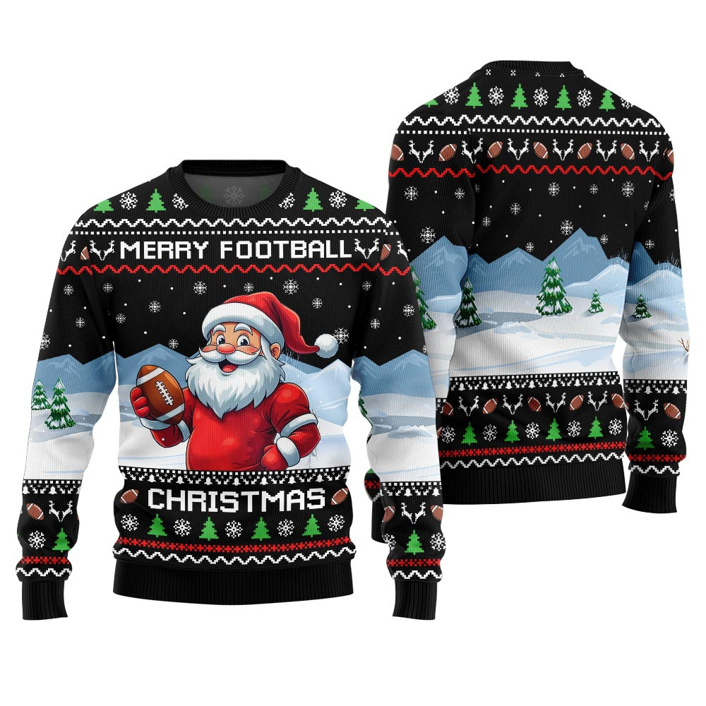 Merry Football Christmas Ugly Sweater With Santa Perfect Winter Merch Gift for the Holiday Spirit