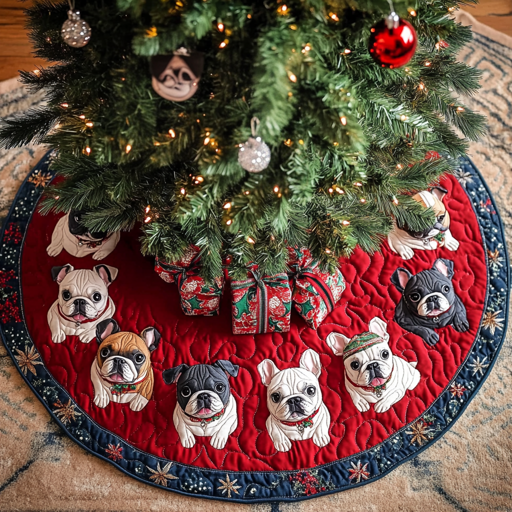 Merry French Bulldog Christmas Quilted Tree Skirt Xmas Tree Decor Bulldog Themed Gifts