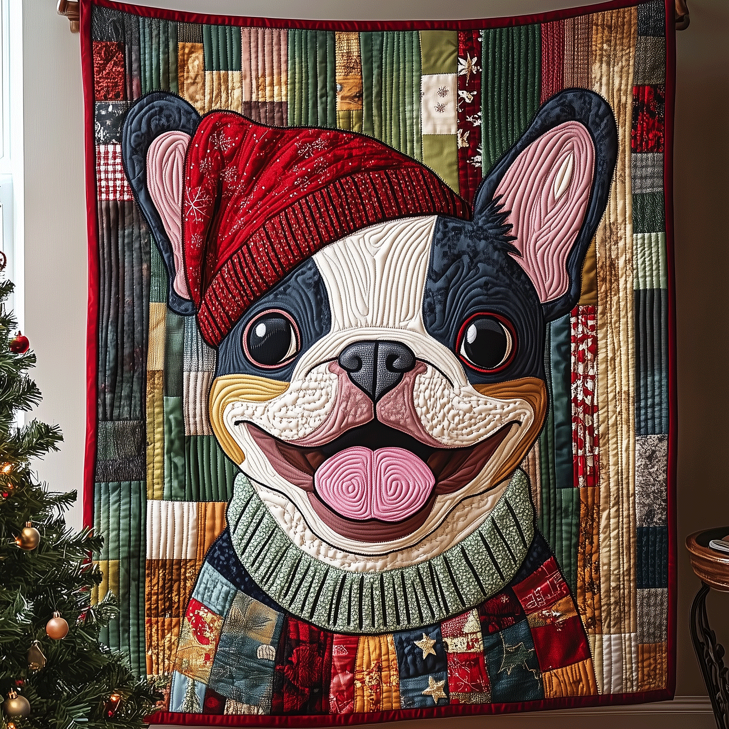 Merry Frenchie Vibes Quilted Blanket Gifts For Frenchie Lovers