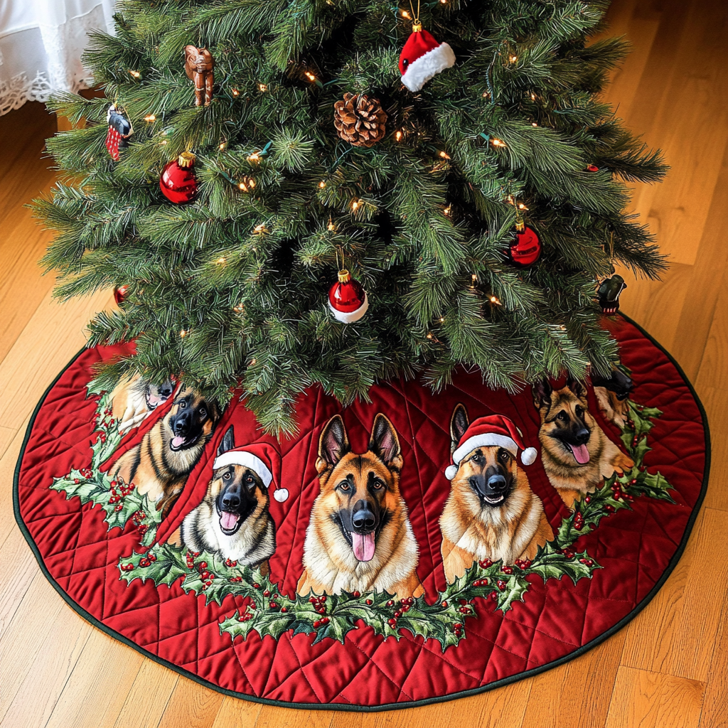 Merry German Shepherd Christmas Quilted Tree Skirt Lovely Holiday Tree Skirt for Festive Vibes