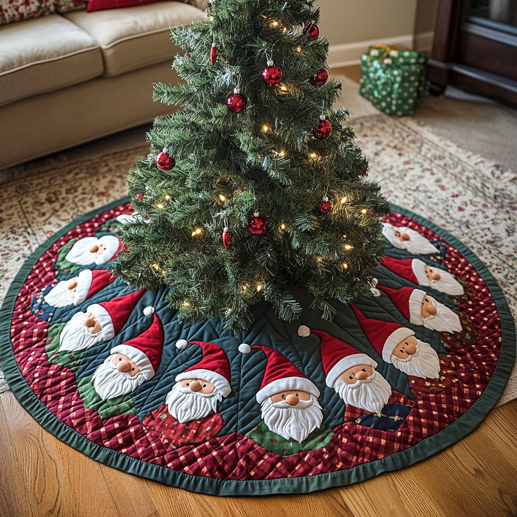Merry Gnome Christmas Quilted Tree Skirt Holiday Home Decor Unique Gnome Gifts