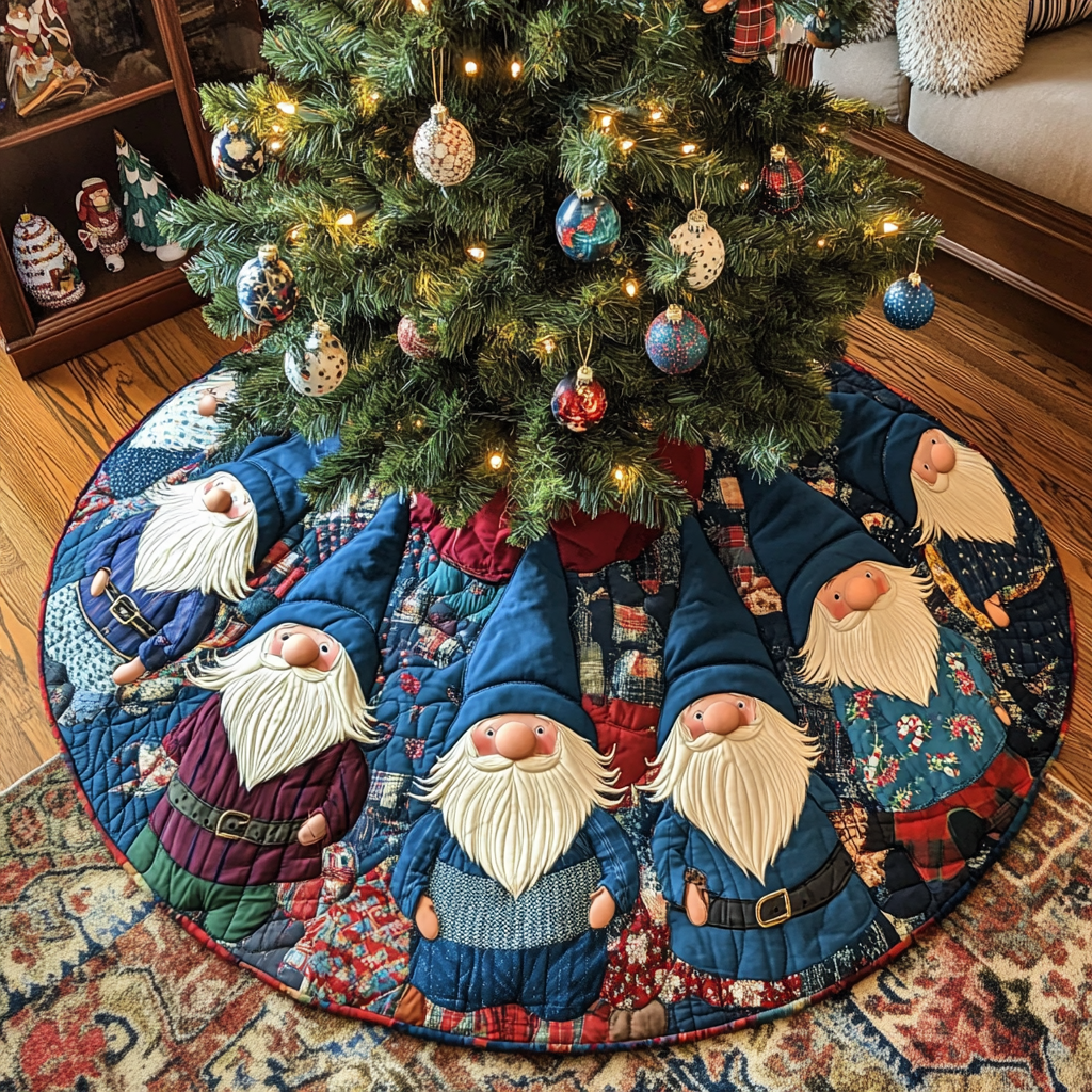 Merry Gnome Gathering Christmas Quilted Tree Skirt Cozy Holiday Tree Skirt to Brighten Your Home