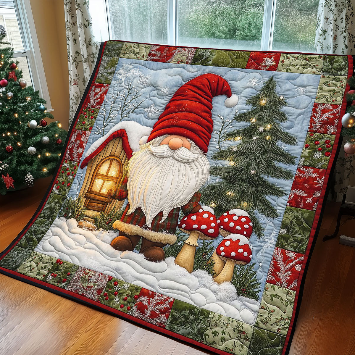 Merry Gnome Quilt Trendy Quilt Blanket Gift for Modern Home