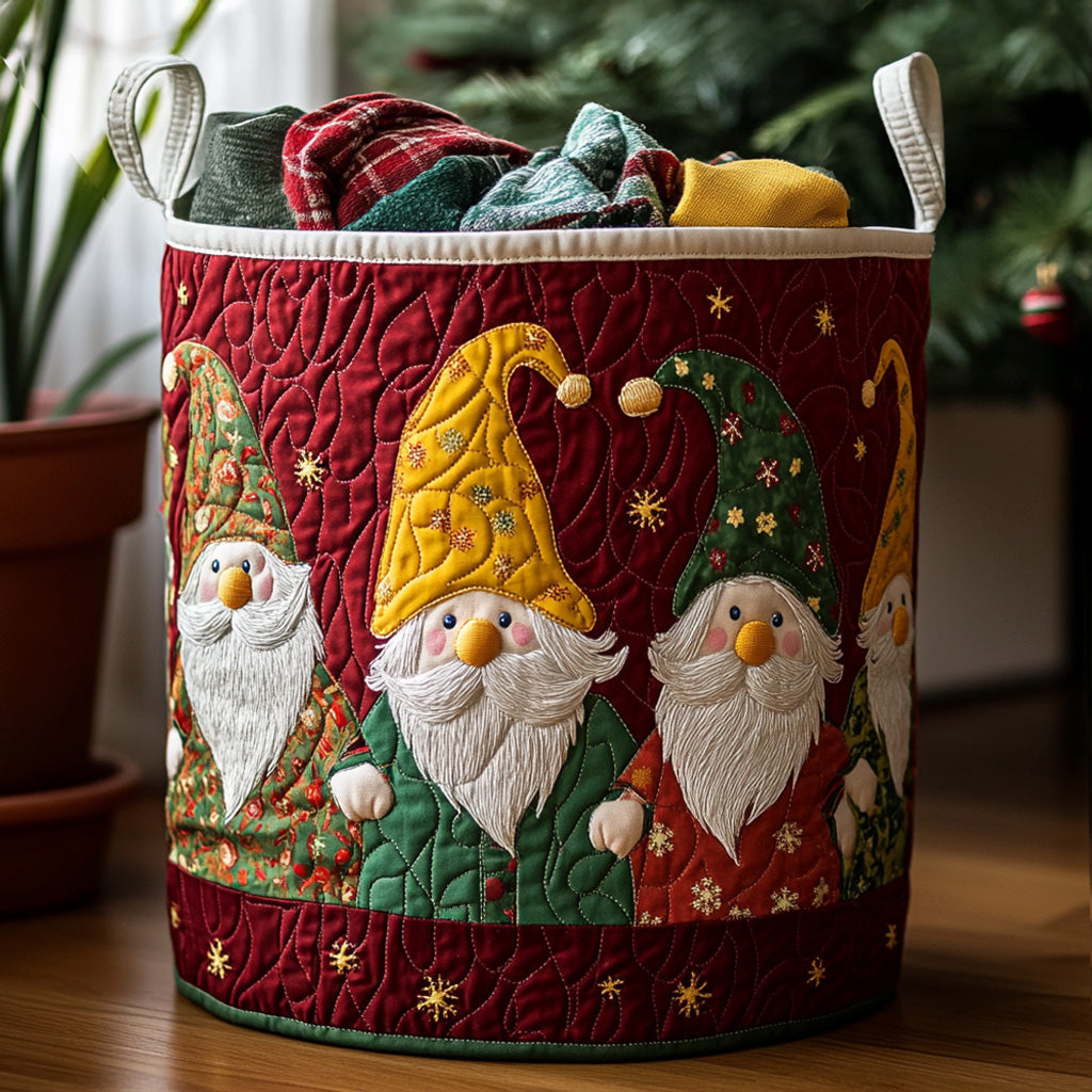Merry Gnome Quilted Laundry Basket Christmas Merch Gift