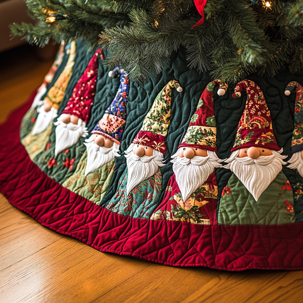 Merry Gnomes Quilted Christmas Tree Skirt Must Have Holiday Merch for Christmas Decor