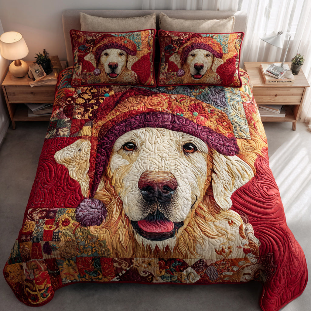 Merry Golden Retriever Quilted Bedding Set Christmas Bedding Duvet Cover Golden Retriever Items Gifts