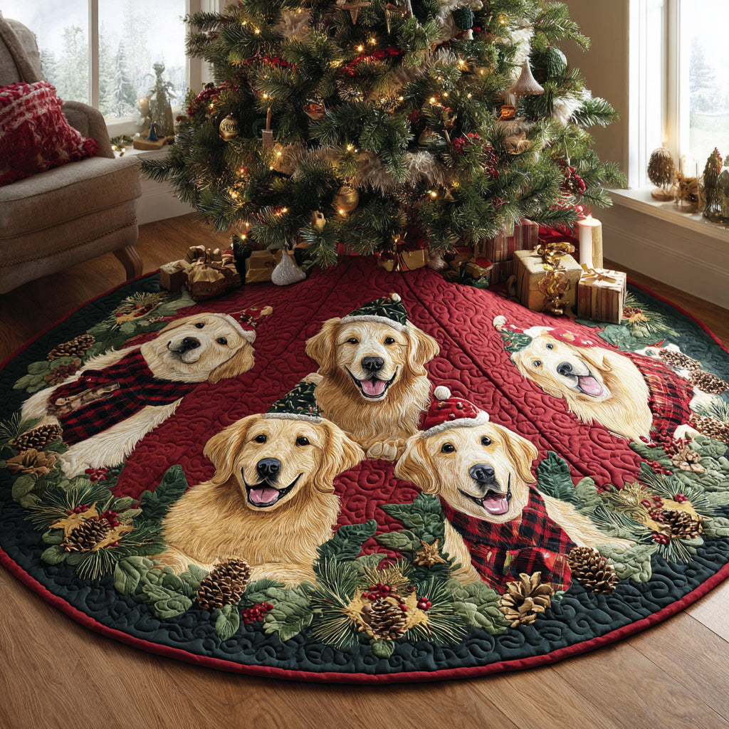 Merry Golden Retriever Quilted Christmas Tree Skirt Xmas Tree Decor Gifts For Golden Retriever Owners