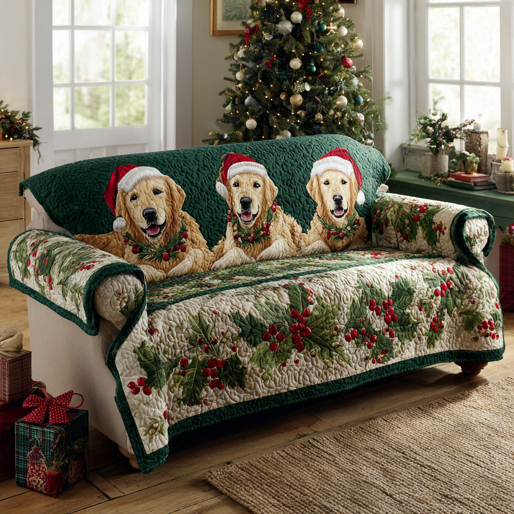 Merry Golden Retriever Quilted Sofa Cover Living Room Winter Decor Good Gifts For Dog Owners