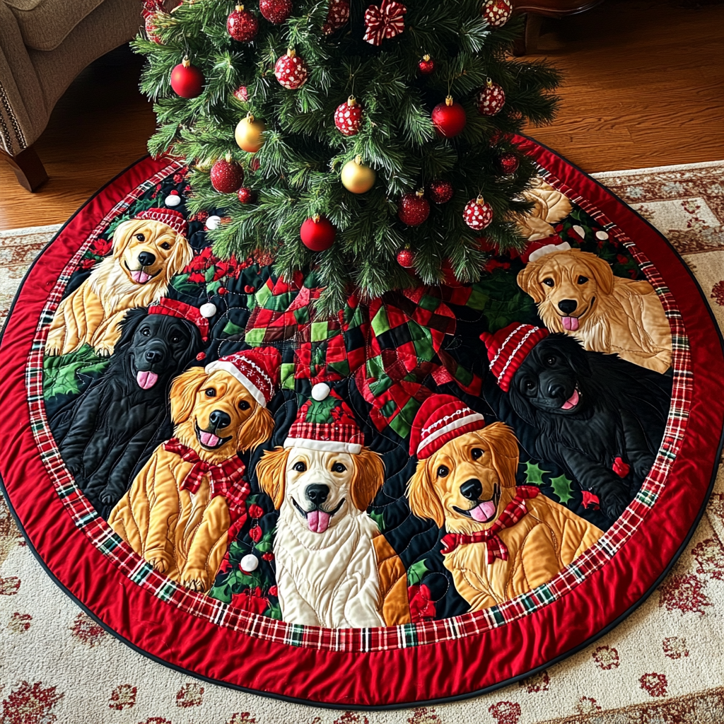 Merry Goldens Chritstmas Quilted Tree Skirt Perfect Tree Skirt Gift for Mom or Grandma