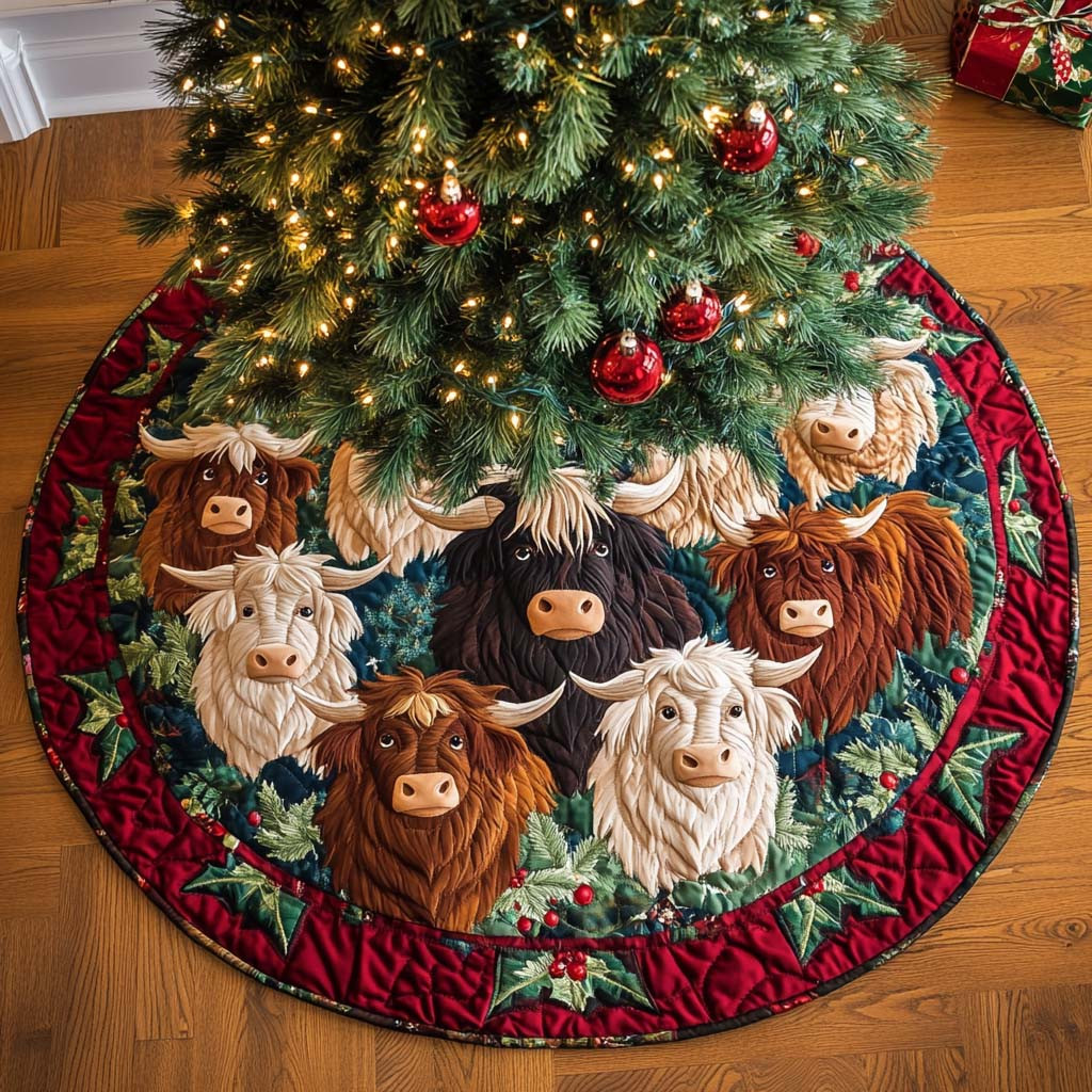 Merry Herd Christmas Quilted Tree Skirt Holiday Decor Highland Cow Lover Xmas Gifts