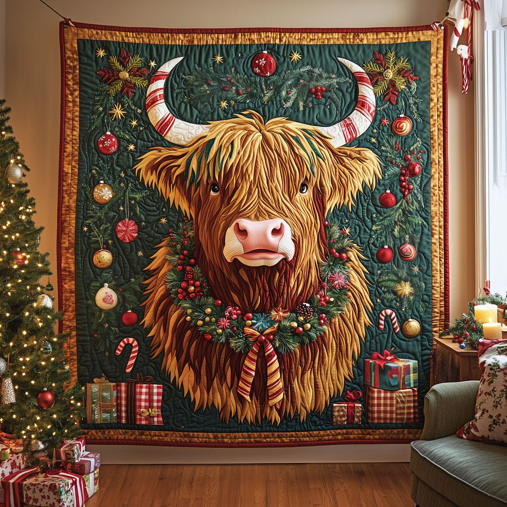 Merry Highland Christmas Quilted Blanket Christmas Blanket Gifts For Highland Cow Lovers