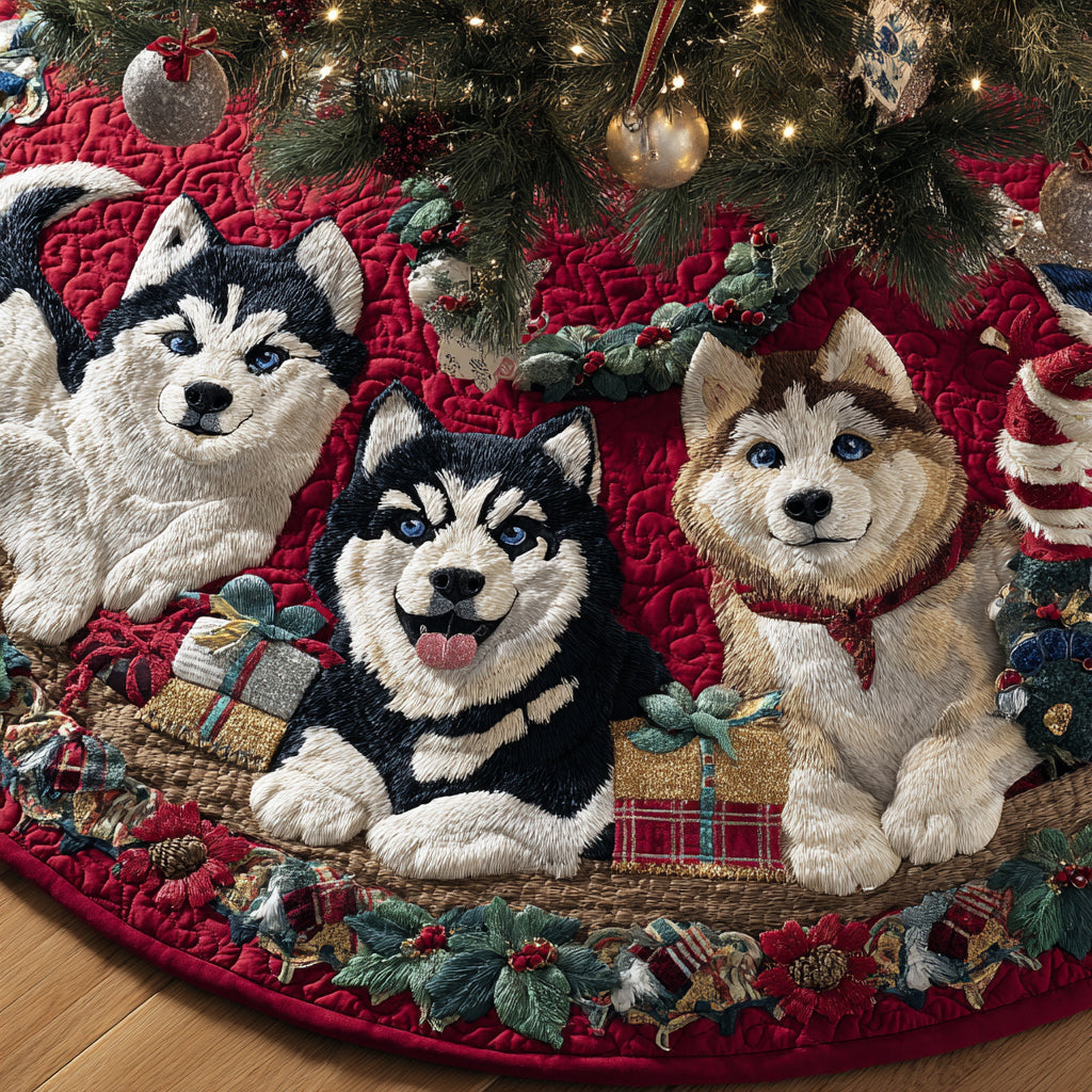 Merry Husky Trail Quilted Christmas Tree Skirt Xmas Tree Cover Base Husky Dog Christmas Decoration