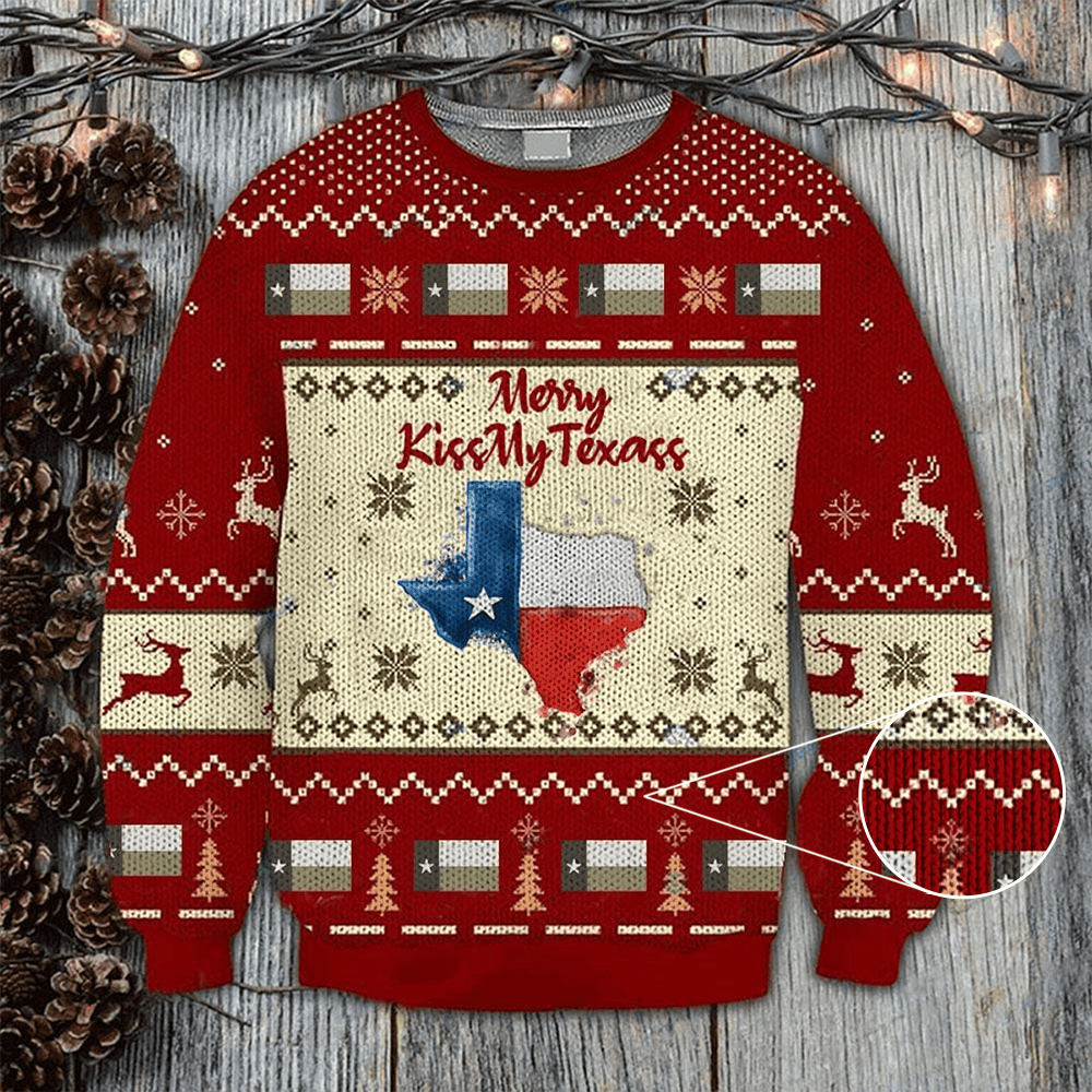 Merry Kiss My Texas Sweatshirt Proud Texas Ugly Christmas Sweater Clothes 2024