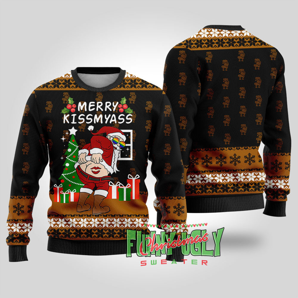 Merry Kissmyass Naughty Lgbt Santa Sweater Black Popular Holiday Gift Merch for Everyone