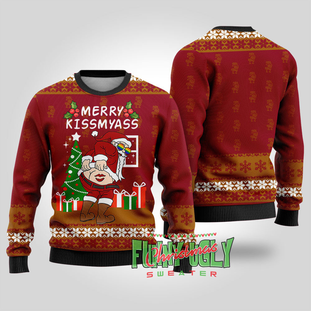 Merry Kissmyass Naughty Lgbt Santa Sweater Cardinal Red Perfect Gift Sweater for Friends and Family