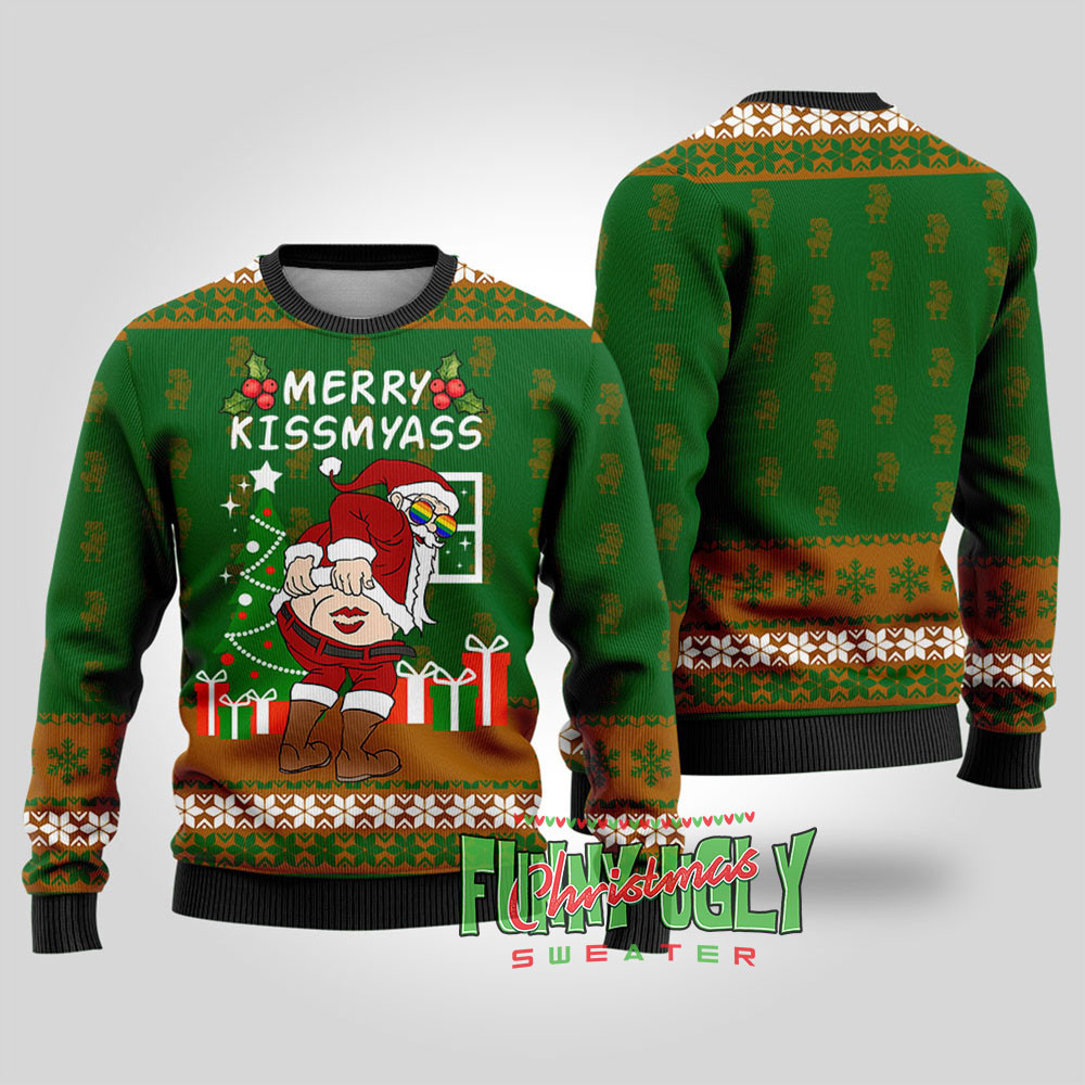 Merry Kissmyass Naughty Lgbt Santa Sweater Forest Green Warm and Comfy Sweater for Winter Days