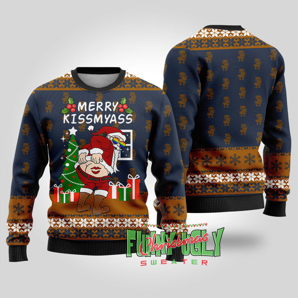 Merry Kissmyass Naughty Lgbt Santa Sweater Navy Lovely Merch Gift for Cozy Winter Nights