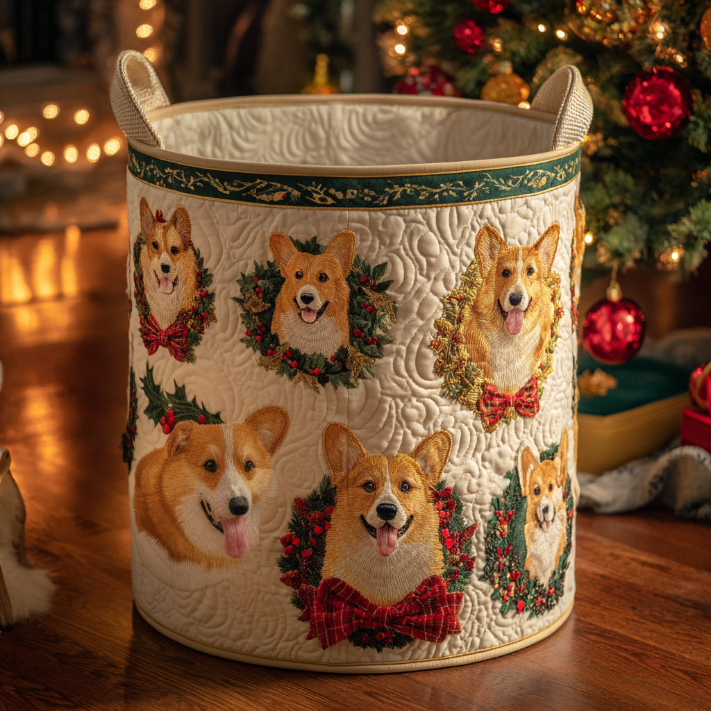Merry Little Corgi Quilted Laundry Basket Premium Quilted Laundry Basket with Sturdy Handles