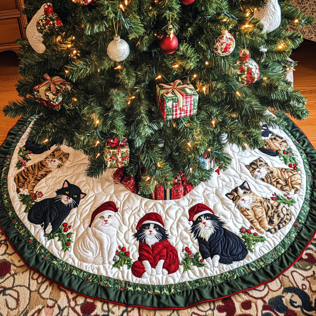 Merry Meowlidays Christmas Quilted Tree Skirt Luxury Christmas Tree Skirt for Elegant Homes
