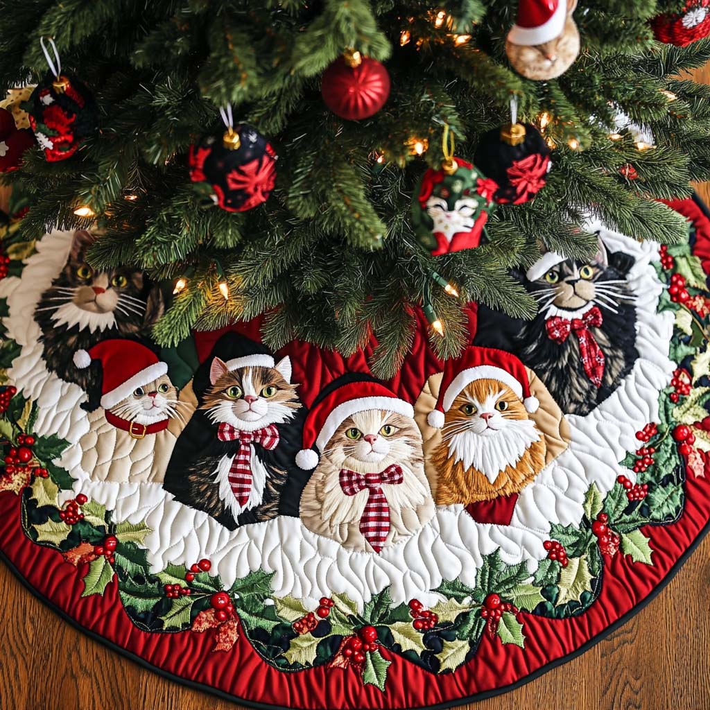Merry Meows Christmas Quilted Tree Skirt Festive Christmas Home Styling Festive Tree Base Cover