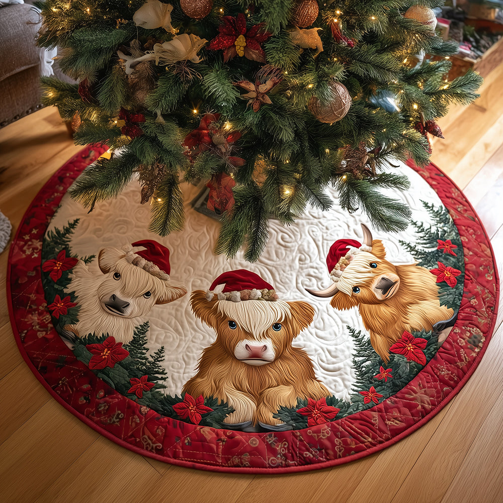 Merry Moo Crew Christmas Quilted Tree Skirt Holiday Home Decor Highland Cow Themed Gifts