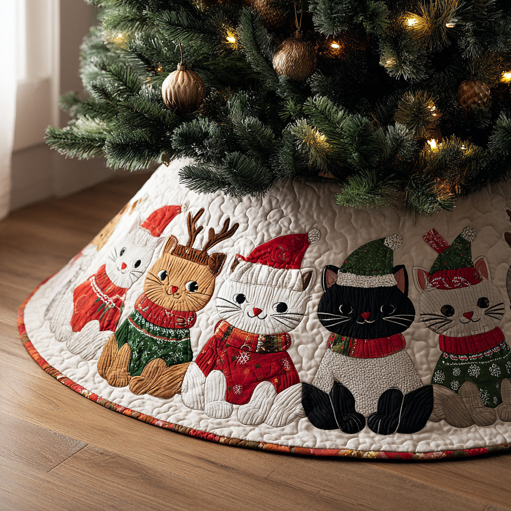 Merry Paws Crew Christmas Quilted Tree Skirt Cover For Xmas Tree Base Gifts For A Cat Lover