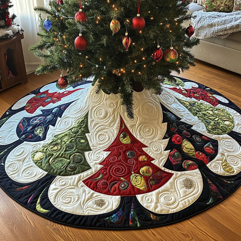 Merry Pine Splendor Quilted Christmas Tree Skirt Under Tree Christmas Decor Holiday Party Decor for Home