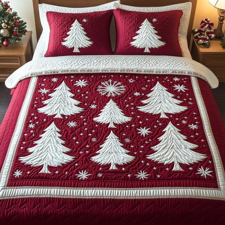 Merry Pines 3-Piece Quilted Bedding Set Christmas Tree Holiday Bedspread Best Cozy Xmas Gift Ideas